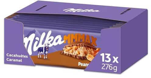 MILKA - 13 Tablettes de Chocolat au Lait Milka MMMAX Cacahuètes Caramel 276g - Chocolat au Tendre Lait du Pays Alpin - Lot de Tablettes de Chocolat Milka Cacahuètes Caramel - Lot de 13x276g