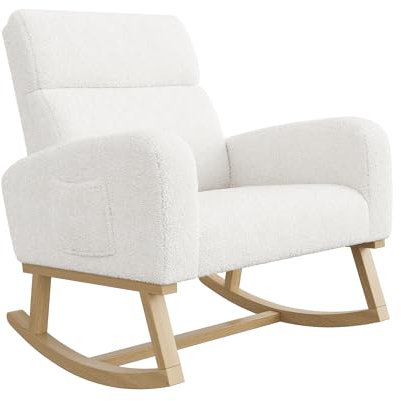 Glider Rocker Schaukelstuhl, Schaukelsessel aus Wolle, breite Armlehnen und Seitentaschen, Füße aus Massivholz für Stabilität, für Wohnzimmer, Schlafzimmer, Kinderzimmer, 78 x 69 x 87 cm