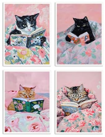 Dazzlewall 4er Set Lustige Katze Liest Buch Wandbilder, Vintage Katze Ästhetik Leinwand Bilder für Arbeitszimmer Deko 20×25 cm Ungerahmt