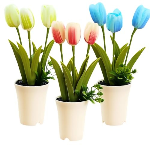Aisamco 3 Stück Künstliche Topfblumen Kleine Kunstpflanzen im weißen Topf Mini Künstliche Tulpen Topfblume für das Badezimmer Heim Büro Schreibtisch Tisch Regal Dekoration Innen