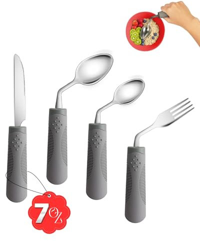 CuraVita - 200g Heavy Weighted Adaptive Cutlery Set (4-Piece) - 42° Angled Silverware for Hand Tremors - Weighted Cutlery for Parkinson's, Tremors and Arthritis (Left-Handed)
