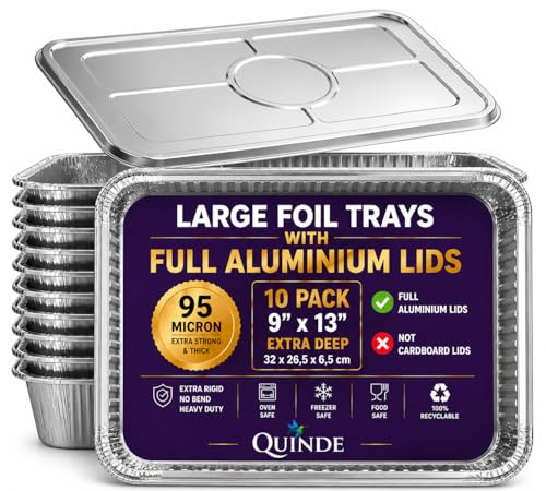 QUINDE Large foil Trays with lids – Pack of 10 – Full Aluminium Heavy Duty Foil Containers with Lids 3500 ml (9×13), Deep Aluminium Baking Roasting Cooking Turkey Trays