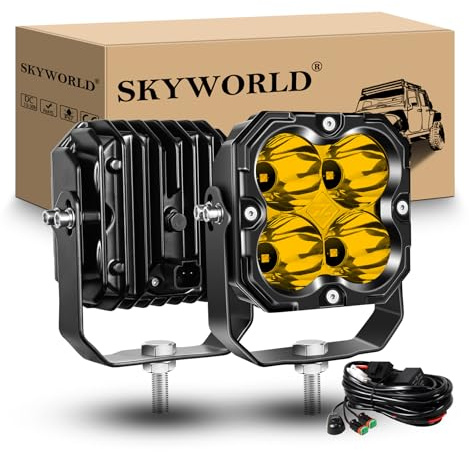 SKYWORLD 2 Pcs Gelb Led Scheinwerfer mit 12V DT Kabel, 4.3 Zoll 30W 2500LM | Flood Offroad Beleuchtung Arbeitsscheinwerfer für Auto SUV ATV UTV LKW KFZ Fahrzeuge 4x4, Wasserdicht Led Arbeitslicht