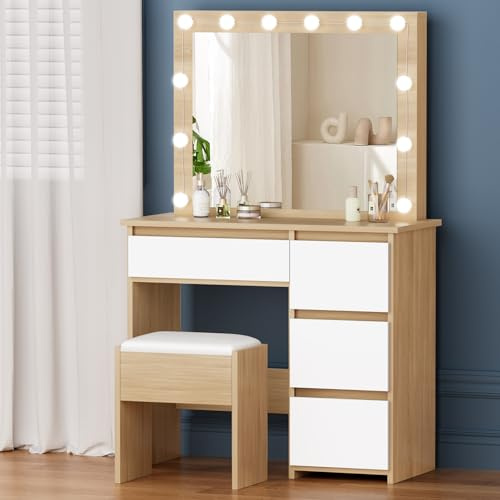 ALFORDSON Schminktisch mit Beleuchtung, Broadway-Spigel, Hocker, Eiche | Make up Tisch 80Bx38Tx140H cm, 4 Schubladen, 12 LED-Glühbirnen, 3 Lichtfarben, Helligkeit Dimmbar, Vanity fürs Ankleidzimmer