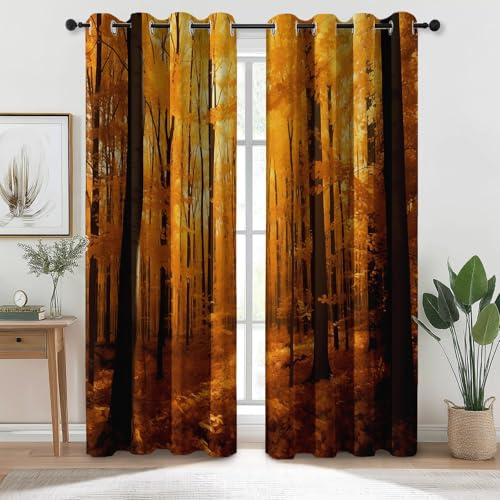 Blickdichte Vorhänge 100% Verdunkelung Golden, Ösen Gardinen H 245 X B 140 cm 2er Set Vintage Ahorn Wald, Fenster Vorhang Mit Für Schlafzimmer Wohnzimmer