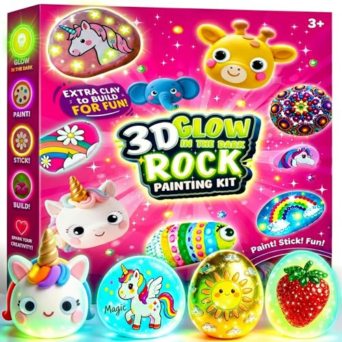 Glow Rock Painting Kit, Arts and Crafts for Kids Age 4 5 6 7 8 9 10 Gifts for 6 7 8 9 Year Old Girls Toys Age 4 5 6 7 Crafts for Kids Glow in The Dark Paint Toys for 3-12 Year Old Girls Birthday Gift