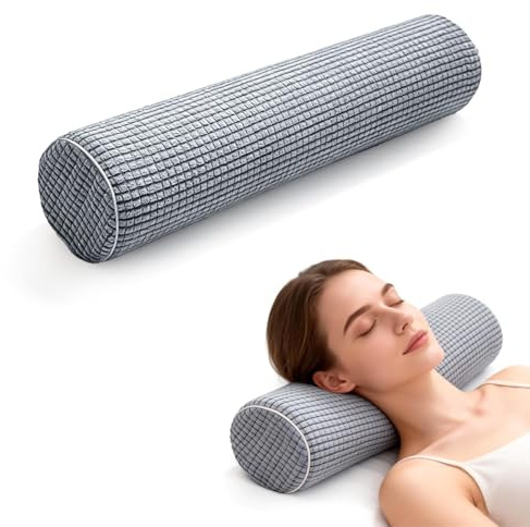 Nackenrolle mit Bezug, Nackenkissen 9.5x48cm, Nackenrolle Memory Foam | Plüsch Punkt Waschbar Nackenkissen, Neck Pillow zur Linderung von Nackenschmerzen, Knierolle Lagerungsrolle, Leicht, Grau