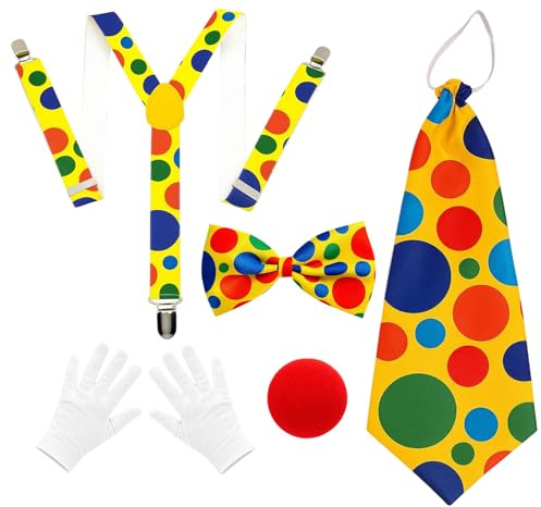 ZocRjvN 6-teiliges Zirkus Kostüm, Clown Kostüm Damen und Herren mit Hosenträgern, Krawatten, Clown Nase und Handschuhen für Karneval und Partys