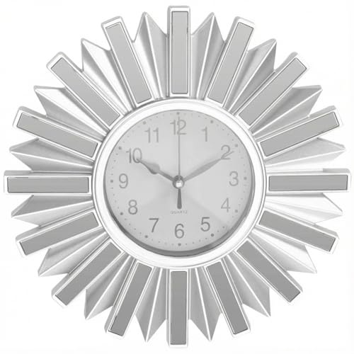 MIJOMA Wanduhr Silber Ø 25 cm rund modern mit Spiegelelementen geräuscharm Quarz Wohnzimmer Schlafzimmer Deko Uhr batteriebetrieben Design-Wanduhr (Sunray Modern)