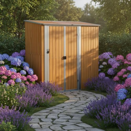 Gartenhaus 180,5x97x209,5 cm Verzinkter Stahl In Holzoptik, Geräteschuppen Die Hütte Mit Abschließbarer Tür, Gartenhaus Metall Mit Boden Für Werkzeuge Und Geräte