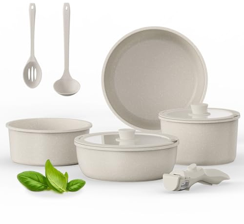 Pots and Pans Set with Detachable Handle, 9PCS Non Stick Induction Cookware Set, Granite Coating PFAS PFOA Free, Space Saving Stackable for Organized Kitchen & RV - Beige