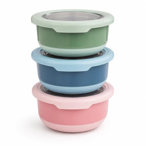 CECOMBINE 3 PCS Stainless Steel Food Storage Containers with Lids, Small Round Lunch Bento Box, Metal Food Containers for Snacks, Fruit, Salad, Kitchen, School, Picnic