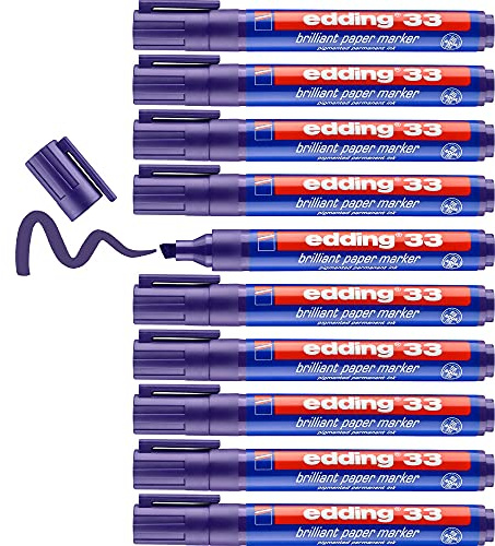 edding 33 brilliant paper marker - violet - 10 waterproof permanent markers - chisel nib 1-5 mm - vibrant colours - lightfast marking on paper, card, cardboard, plastic, metal and glass