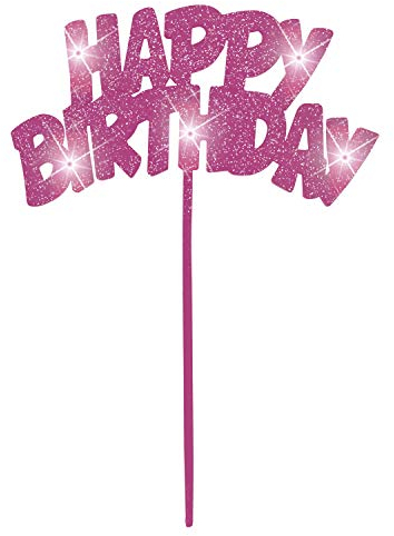Unique Party 90879 - Decorazione per Torta Happy Birthday Lampeggiante Rosa