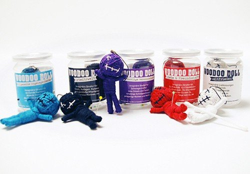 5er-MIX: Voodoo Doll in Dose | lustige Mini-Voodoo-Puppe to go | Arbeitswelt, Weltfrieden, Allgemeine Angelegenheiten, Liebe & Freundschaft, Die Bucklige Verwandtschaft Voodoo-doll | imaginäre Liebkosungen für fast Jeden