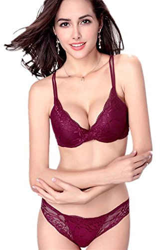 ZUKULIFE Ensemble soutien-gorge en Satin et Dentelle push-up rembourré - (Dark Red 34C)