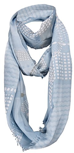 TigerTie Damen Loop Schal in hellblau weiß grau gemustert mit kleinen Fransen - Gr. 180 x 50 cm - Rundschal
