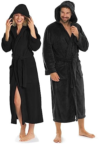 aqua-textil XS-XXXL Bademantel Kapuze Uni lang aufgesetzte Taschen Damen Herren Unisex Mikrofaser Kuschelfleece Morgenmantel, Sauna, Spa, Pool, Bad, flauschig und komfortabel - OEKO-TEX Malibu