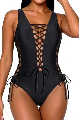 Holipick Women Sexy One Piece Swimsuit One Shoulder Bathing Suit Lace Up Swimwear Monokini