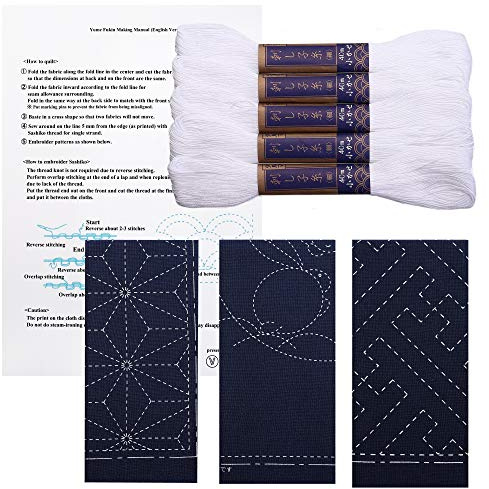 Sashiko Kit, Yokota Sashiko Garn und Vorlage Yume Fukin mit original englischem Handbuch, Stoff, japanisches Textil (weißer Faden/marineblaues Geschirrtuch 3)