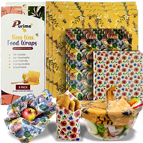 Beeswax Wrap Food Storage Zero Waste Reusable Food Wraps Sustainable Organic and Eco Friendly Sandwich Bags 3 Large, 3 Medium, 2 Small (8 Pack) (Jumbo)