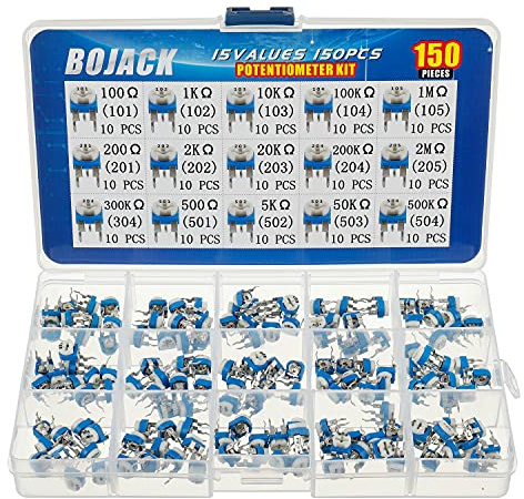 BOJACK 15 Values 150 pcs 100 Ohm- 2M Ohm Variable Resistor 6mm Potentiometer Assortment Kit packag in a Clear Plastic Box