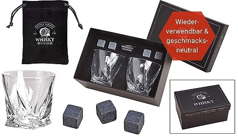 WOMA Whisky Steine Set I 4 Kühlwürfel aus Basalt inkl. Samtbeutel, 2 Whiskey Gläser & hochwertiger Holzbox I Wiederverwendbare Eiswürfel für Whiskey Wodka Gin Rum Tequila & Cocktails