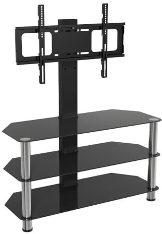 MAHARA Glass Corner TV Stand - with Column - Black & Silver Floor stand with built-in Mount for up to 60 Inch TV - Universal VESA Mount included