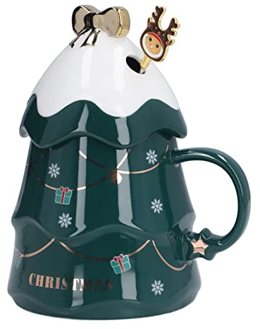 Talany Keramiktasse, Weihnachtstasse Smooth Touch Praktisch Hause(Grün mit Deckel und Rührlöffel)