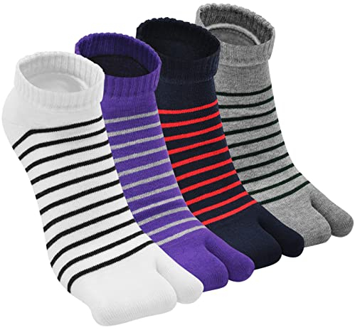 ZFSOCK Tabi Socken Damen Flip-Flop Zwei-zehen-socken: Kurzsocken aus Baumwolle für Zehentrenner Japanische Geta, 4 paare-Gestreift, 35-41