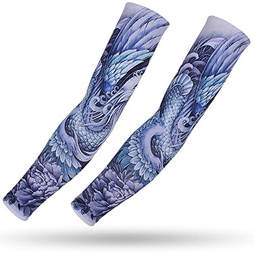 DETUCK Tattoo Ärmel Ärmlinge Arm Ärmel, Armwärmer Sleeves UV Sonnenschutz Armstulpen, Arm Sleeves Kühlung UPF 50+, Kompressions Tattoo Cover Armstulpen (ein Paar) (Blauer Phönix, L)