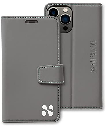 SafeSleeve EMF Protection Anti Radiation iPhone 14 Pro MAX Case, RFID EMF Blocking, Card Holder Wallet, Vegan Leather, Adjustable Stand Cell Phone Case, for Women & Men (Grey)