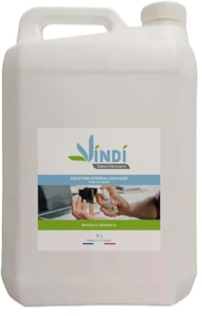 Vindi Désinfectant solution hydroalcoolique - Bidon de 5L - Fabrication Française - 76% d'alcool - Désinfection des mains et des surfaces - Virucide