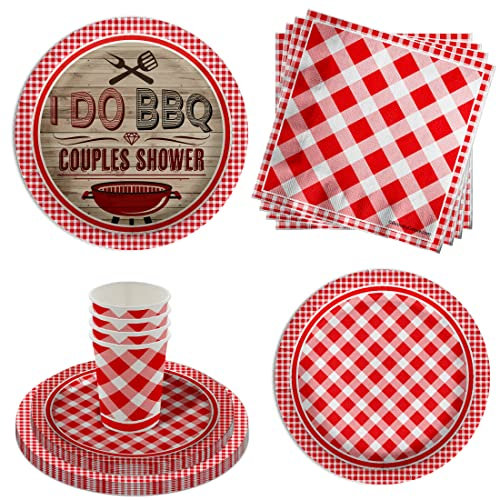 I Do BBQRed Gingham Party Supplies - 64 Piece Couples BBQ Shower Party Supplies - Bachelorette Bachelor BBQ Party Tableware Set Includes Large Plates Napkins Cups - Kit for 16
