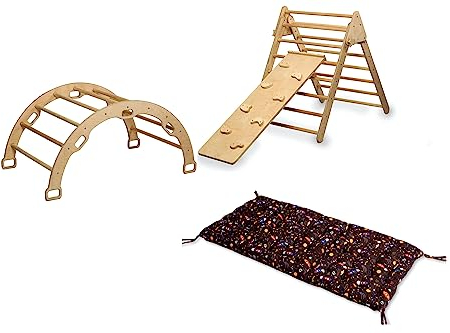 Montessori Kletterset | Kletterdreieck Kletterbogen & Felswand Rampe | Kletterbogen mit Kissen | Holz Kletterset mit Kissen | Klettergerüst Set mit Rampe und Kissen (Space)