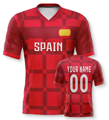 Spanien Personalisiertes Weltmeisterschaft Fussball Trikot mit Ihrem Namen und Nummer für Herren Damen Kinder Casual Sport Fan T-Shirt Trikot Geschenk Rot