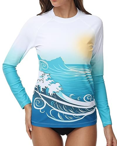VAYAGER Womens Rash Guard UV Protection Long Sleeve Rash Vest Swim Shirts Quick Dry UPF 50+ Water Beach Surfing Swimming Tops(White-Waves-M)