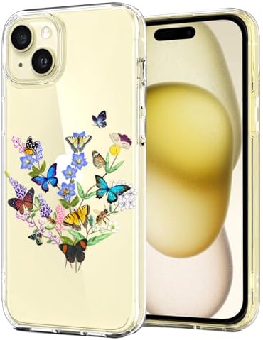 Unov Case Compatible with iPhone 15 Case Clear with Pattern Slim Protective Soft TPU Bumper Embossed Design 6.1 Inch (Flower Butterfly)