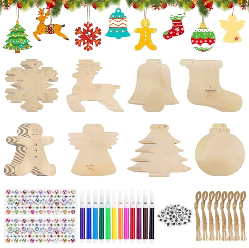 BGTLJKD 274 Stück Holzanhänger zum Bemalen Weihnachten, Holzanhänger Weihnachtsbaum, Weihnachtsbaum Deko Holz, Basteln Kinder Weihnachten, Holz Weihnachtsdeko Anhänger
