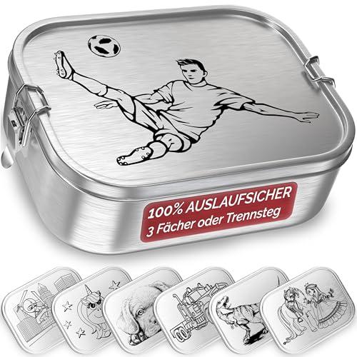 TAKWAY Edelstahl Brotdose Kinder mit Fächern 800ml | Auslaufsicher | Bento Box mit Unterteilung variabel | Jausenbox Brotbox Kindergarten Kita Schule (Fußball, Trennsteg)