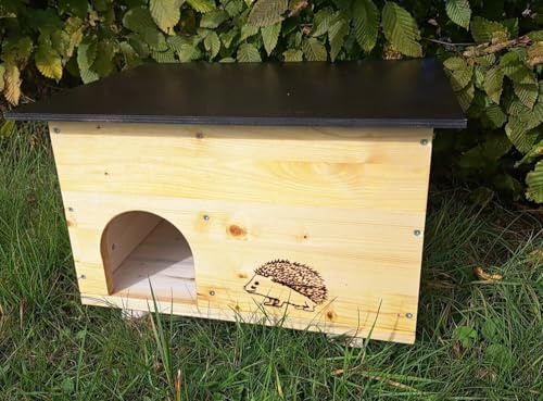 Holzdeko-Ma Igelhaus Igelhotel Igelhütte Futterhaus für Igel Igelfutterhaus Natur 2X wetterfest imprägniert mit Boden und Rattebklappe (INKB)