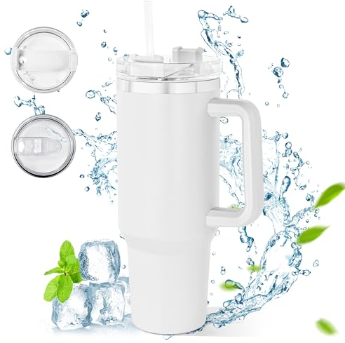 AGH life 40oz Tumbler with Handle and Straw Lid, 1.2 Liters Stainless Steel Insulated Coffee Tumbler with 2 Lids Travel Mug, Cupholder Friendly Water Bottle for Car Camping