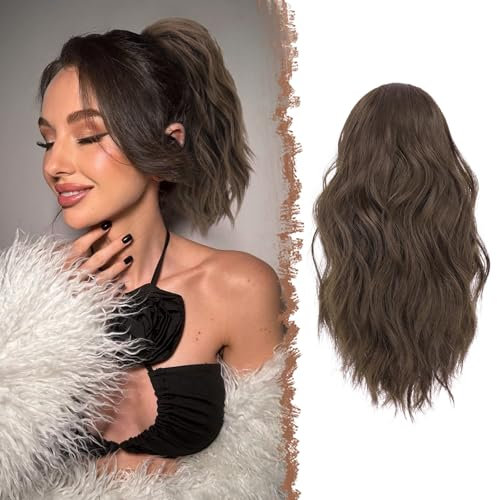 FESHFEN Braun Pferdeschwanz Haarteil mit Kordelzug, 30 cm Wellen Zopf Pferdeschwanz Verlängerung Haare Extension Synthetik Kurz Wellig Haarverlängerung Ponytail für Damen Frauen, Hellbraun