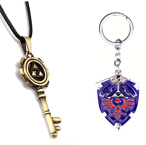SUPTOFF Zelda Game Schlüsselanhänger Halskette Set Cosplay Zubehör Zelda Skelett Schlüssel Triforce Hylian Shield Schlüsselanhänger, gold, M