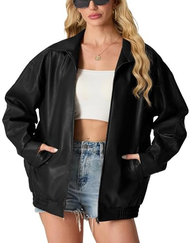 GRECERELLE Faux Leather Jacket Women with Zip Pockets Women's Jackets Long Sleeves Zip Up Motorcycle Jacket Bomber Jacket Womens Coat (Black,L)