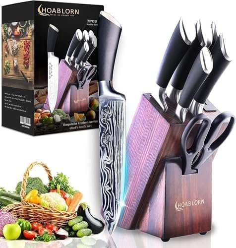 Juego de cuchillos ChefHoablorn, juego de cuchillos de cocina de 7 piezas con taco Juego de cuchillos profesionales de acero inoxidable para la cocina Juego de cuchillos Damasco con afilador de cuchi