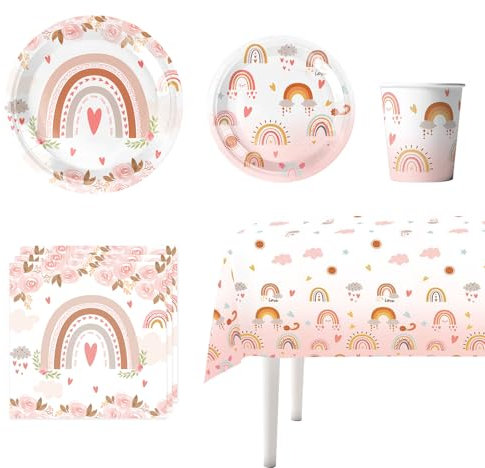 51pcs Rainbow Party Tableware Set Boho Birthday Decorations Including Rainbow Paper Plates Cups Napkins Party Tablecloth Happy Birthday Party Tableware Set Themed Party Supplies for 10 Guests