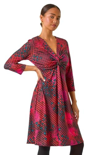 Roman Fit and Flare Dress for Women Ladies Chest Twist Knot Ruched Tea Skater Empire Waist Wedding Guest Smart Casual Swing Midi 3/4 Long Sleeve Knee Length - Red Black - Size 12