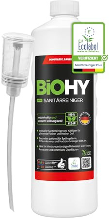 BiOHY Sanitärreiniger Plus (1l Flasche) + Dosierer | Kalkentferner Konzentrat für Fliesen, Dusche & WC | EXTRA STARKER Badreiniger gegen Urin, Seifenreste & Schmutz | umweltfreundlich mit EU Ecolabel