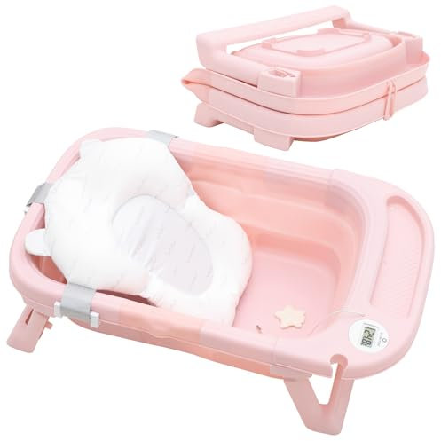 Olmitos - Bañera Plegable para Bebé con Reductor Extraíble, Termómetro y Tapón de Drenaje, Compacta y Antideslizante - Ideal para Viajes (Rosa)